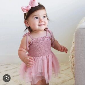Caden Lane Smocked Tutu Bodysuit Dress in Mauve + Bow